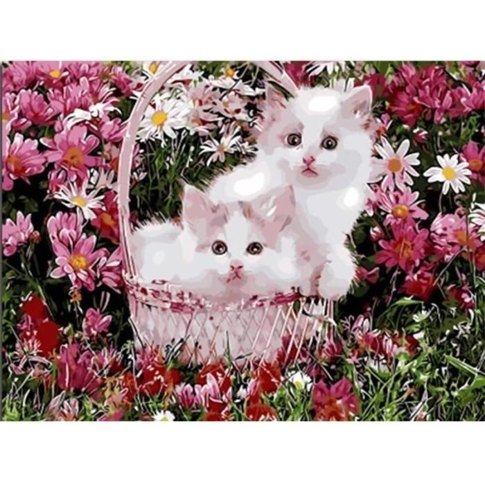 Kit Peinture Par Numéros – Chat Et Fleurs, Toile Encadrée 9x12, Acrylique