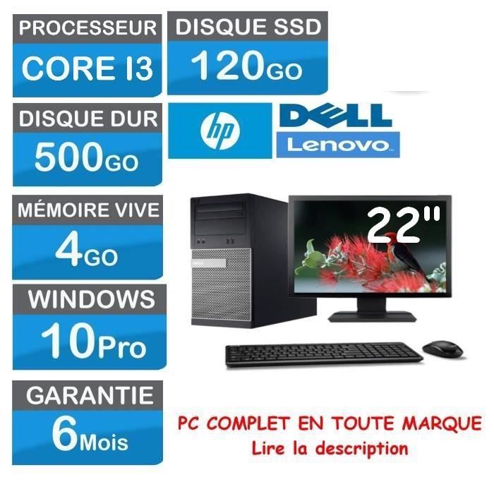 Achat PC Portable Ordinateur complet Core i3 - 4Go RAM DDR3 - 500Go HDD - 120Go SSD -  Windows 10 Pro - écran 22" - en tout marque mixte HP Dell pas cher