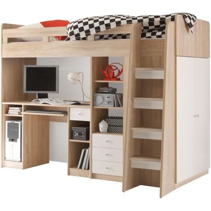 lit mezzanine 90x200 avec bureau - emob - uniq - chêne/blanc - moderne - neuf
