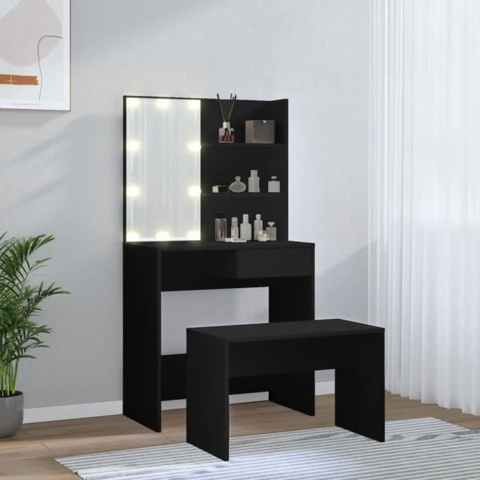 Ensemble de coiffeuse - ESTINK - Noir - Bois dingénierie - Miroir avec LED - Rangement inclus