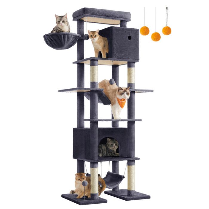 Comparer les prix de Arbre à Chat 201 cm, Taille XXL, Multi-Niveaux, 1 Plateforme, 1 Panier, 2 Niches, 2 Hamacs, Dispositif Anti-Basculement, Gris Foncé