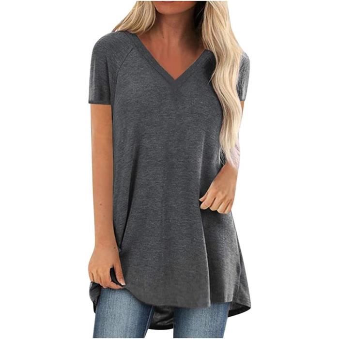 T-shirt femme d 'été décontracté irrégulier grande taille col en V pull ample à manches courtes T-shirt long gris