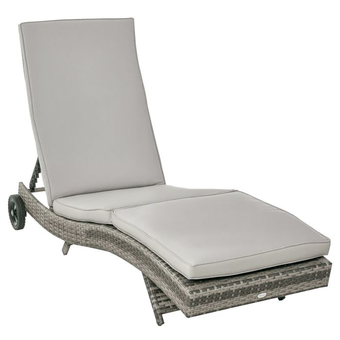 Bain de soleil - Outsunny - transat grand confort inclinable 5 positions roulettes matelas - résine tressée - gris