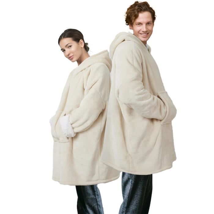 Plaid Pull Sweat à Manche et Capuche avec Poche – Taille Unique 118 x 85 cm Adulte Homme et Femme - Intérieur Sherpa - Coloris