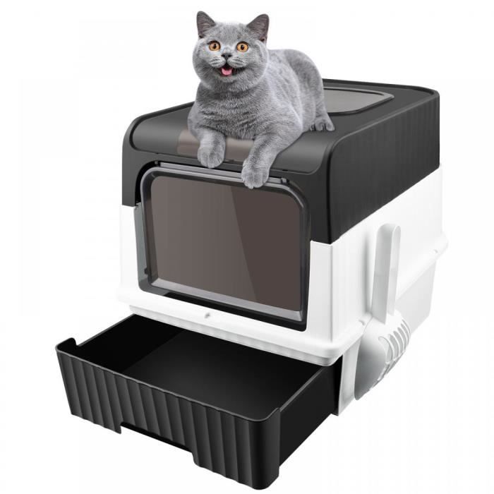 Bac à litière pour chat - SUPFINE - 49*37*35cm - 2 portes - Noir - Avec pelle à litière