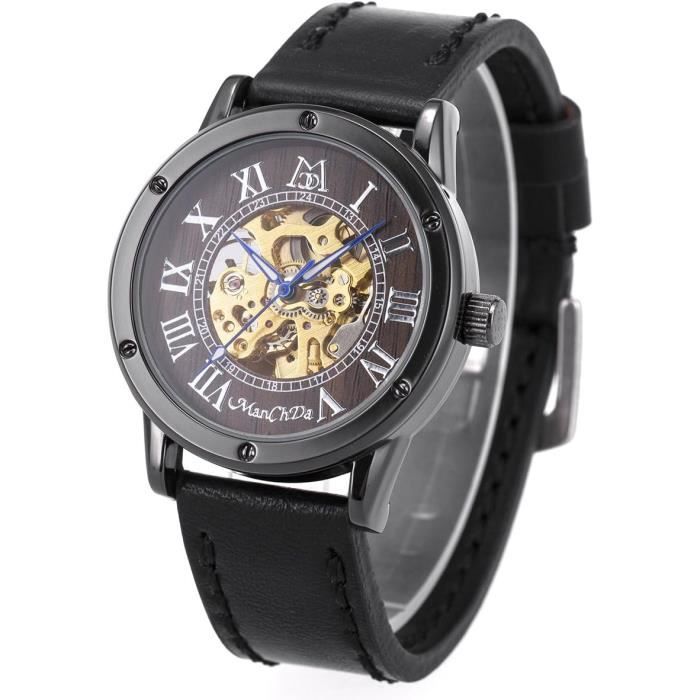 Montre DEYROS + Bracelet Noir Quartz Cuir Homme Bijoux Idée Cadeau Doré