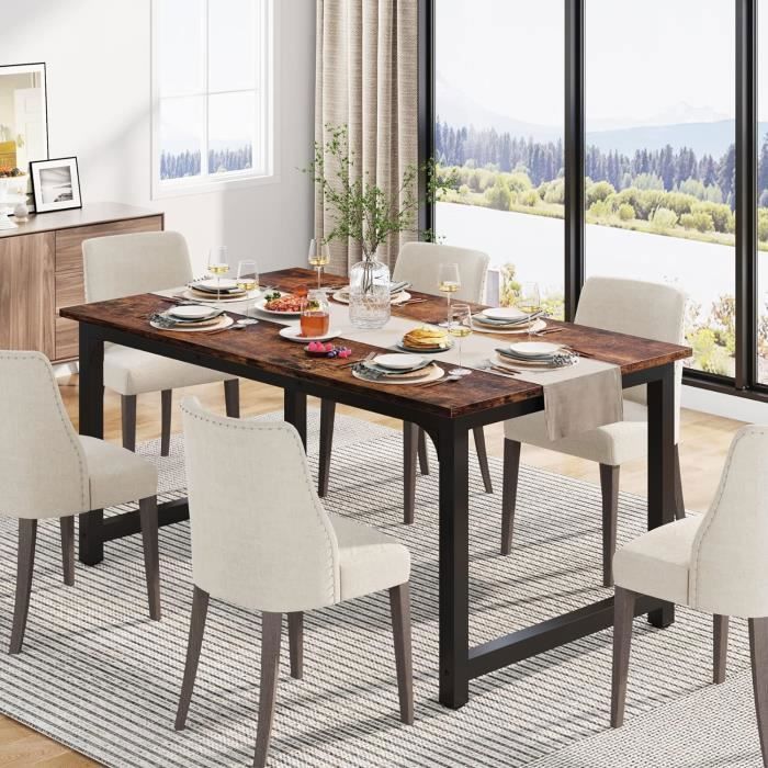 Table à manger rectangle Finmind 6 Personnes Design Industriel Bois - 160 x 80 x 75 cm - Pieds en métal - Marron Rustique et Noir