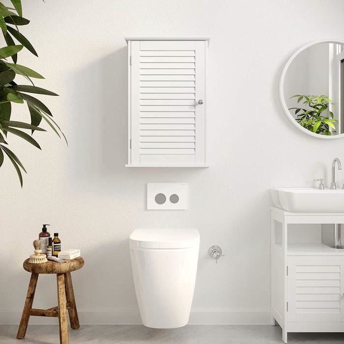 vasagle meuble de rangement suspendu pour salle de bain,armoire à pharmacie avec étagère réglable et porte à persienne,blanc bbc24wt