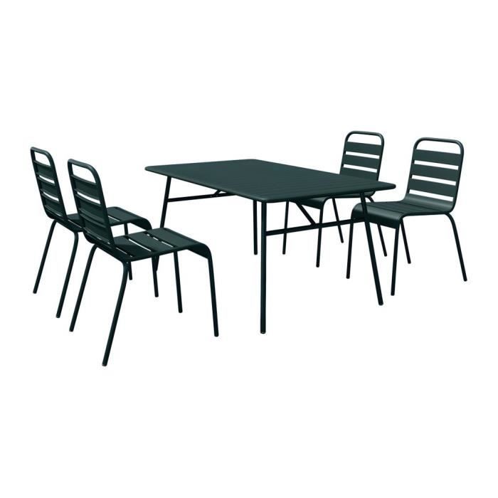 Salle à manger de jardin en métal - une table L.160 cm et 4 chaises empilables - Vert sapin - MIRMANDE de MYLIA