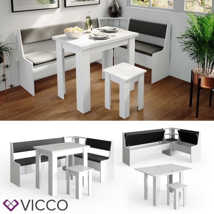 ensemble table et bancs en angle vicco roman - banc de cuisine avec coffre - blanc - 6 places - salle à manger