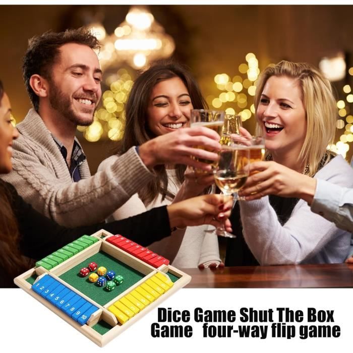 FaJoek Shut The Box 4 Joueurs, Fermez la boîte Jeu de Flop à Quatre Faces, Jeu en Bois Boîte Fermée, Boite de Jeux de Société en Bois Éducatif, avec 2 Dés