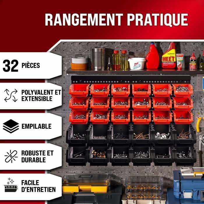 30 Boîtes Rangement Empilables Rouge - Système Garage Atelier 178x78cm Porte-Outils