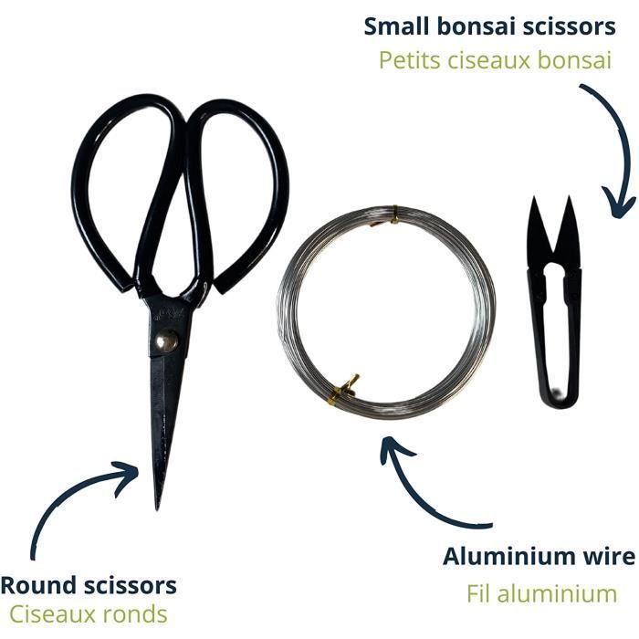 CULTIVEA – Lot de 3 outils essentiels bonsaï – Outil en acier - entretien bonsaïs et plantes - Ciseaux ronds - Fil aluminium - Jardin