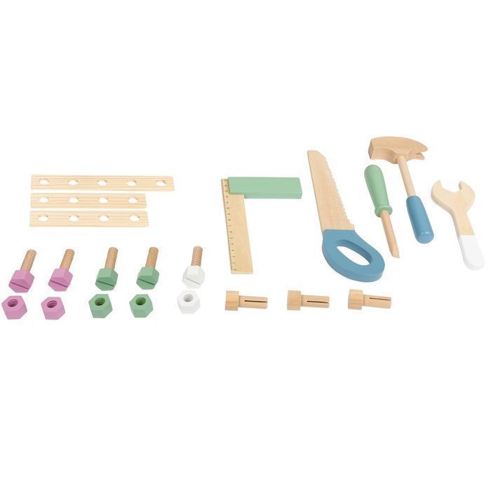 Small Foot Boîte à Outils 2 En 1 Design Scandinave – Mini-établi, 4 Outils, Accessoires, Motricité Fine, Dès 3 Ans