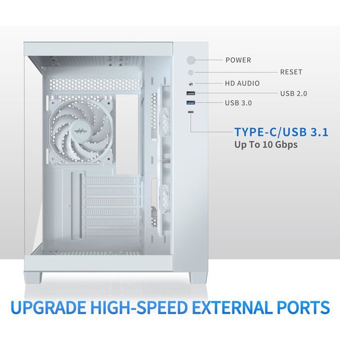 MUSETEX Boitier PC ATX, Support RAD 360MM, Verre trempé 270° Full View Boitier Pc Gamer with Type-C, 3 Ventilateurs 120mm préinstallés, Mid Tower Gaming Boîtiers PC, Blanc, Y6