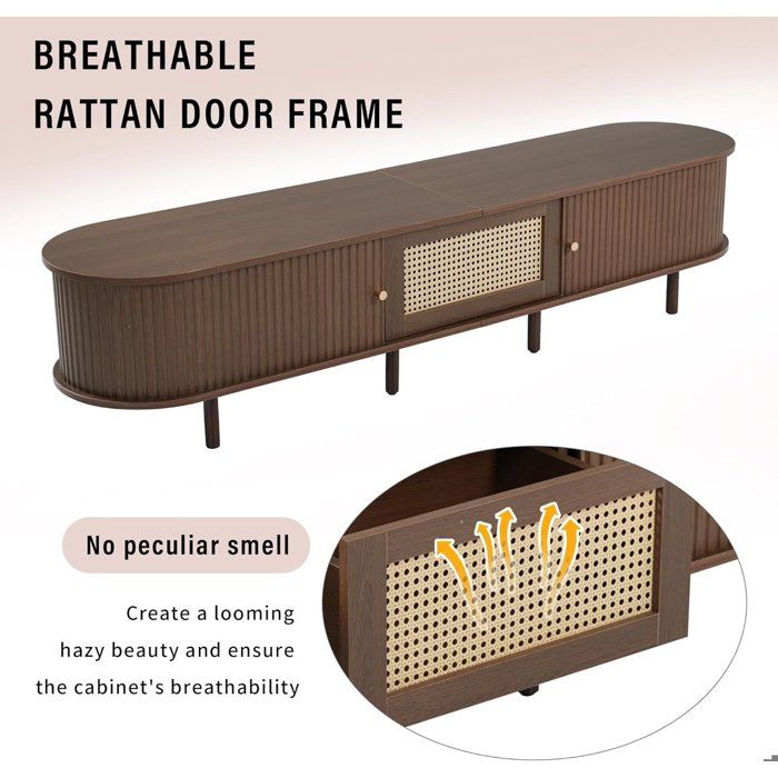 Meuble TV 180cm, porte coulissante, 1 tiroir, design rotin, ovale, marron, rangement salon, charge 30 kg, marron, 180x40x40cm Meuble TV 180cm, porte coulissante, 1 tiroir, design rotin, ovale, marron, rangement salon, charge 30 kg, marron, 180x40x40cm