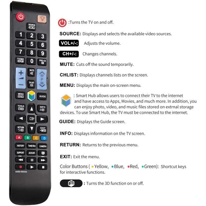 Universel Télécommande TV avec longue distance de transmission pour Smart  TV 3D Samsung AA59-00638A