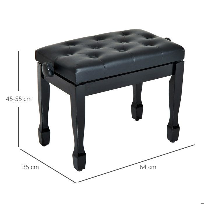 Banquette De Piano Avec Rangement - Assise Capitonnée Noir - Pied Bois Caoutchouc - 200kg Charge Max