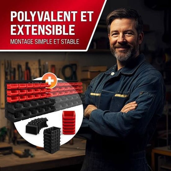 Lot 30 Boîtes Rangement Empilables Rouge - Panneau Mural 178x78cm - Garage