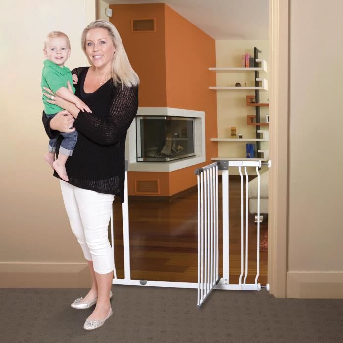 LARS360 Barrière de protection pour bébé - Fermeture automatique des  grilles d'escalier - Sans perçage de grilles de porte + étagère d'extension  de 10 cm - Extensible jusqu'à 95 cm - Blanc 