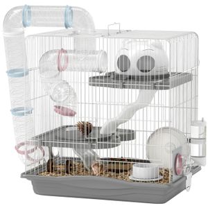 Cage hamster - PawHut - 3 niveaux - avec roue d'exercice, tunnel, gamelle, niche et rampe d'accès - 45 x 30 x 45 cm - gris
