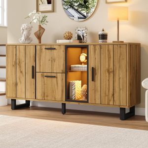 Buffet, 160x40x73 cm, meuble de salon, 2 tiroirs, commode avec éclairage LED intégré, largeur 160 cm, coloris bois naturel et noir