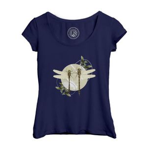 T-SHIRT T-shirt Femme Col Echancré Bleu Libellules Amoureuses Minimaliste Biologie Illustration Ancienne