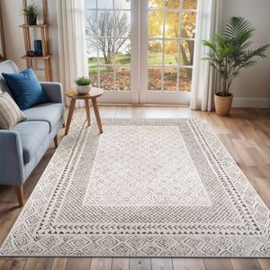 TAPIS SURYA Tapis de Salon à Poils Courts Doux Scandinave Bohème AMBRE 120x170cm Gris/Beige