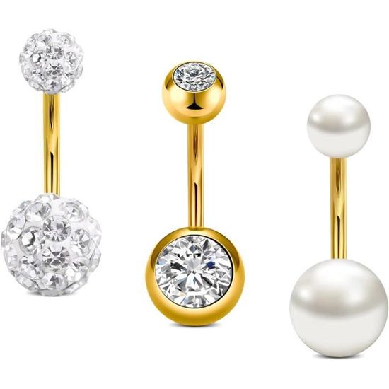 Piercing nombril,3 pièces CZ piercing du nombril Or argent acier chirurgical petits cristaux
