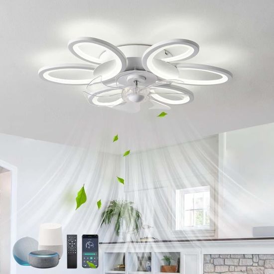 Ventilateur Plafond Fleur 2 En 1 Télécommandé 6 Pales LED 30W Blanc Moderne