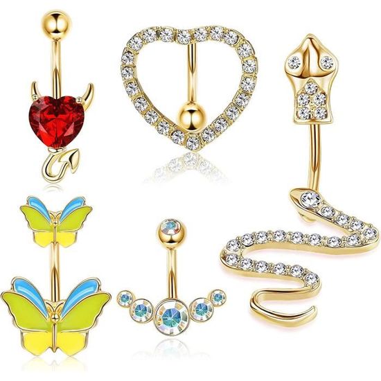 Vcmart Lot 5 Piercings Nombril Anneaux Or 10mm - Barres Acier Chirurgical 14G