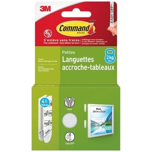 3M - Languette accroche-tableau - Adhésive - Auto-agrippante - Petite modèle - Supporte 2 kg - Lot de 4