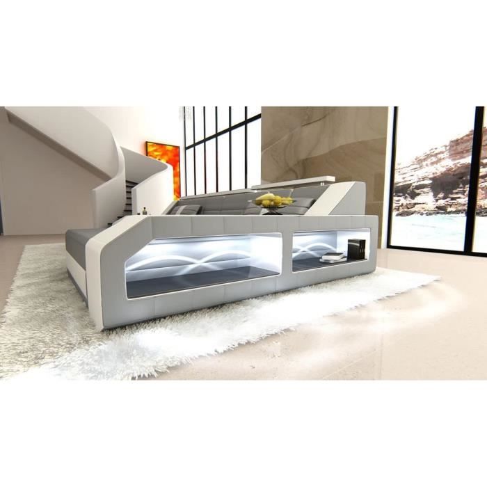 Cuir Canapé Arezzo En Forme De L Gris-Blanc Canapé Coin Canapé Designersofa Appuie-Tête Éclairage LED Clair Etc