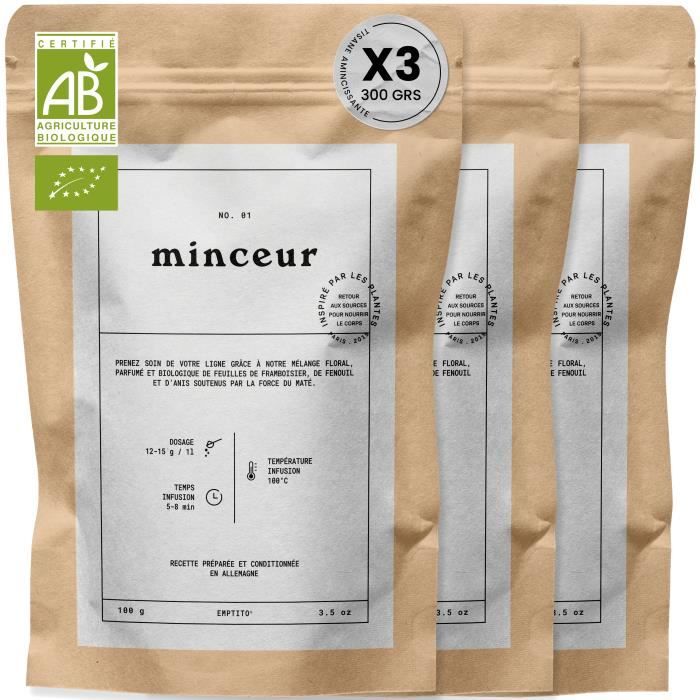 Lot Tisane Minceur Puissant rapide au Mate Bio | Thé Diurétique Naturel Purifiant Draineur Élimine Toxines | 8 plantes 3x100g Bio