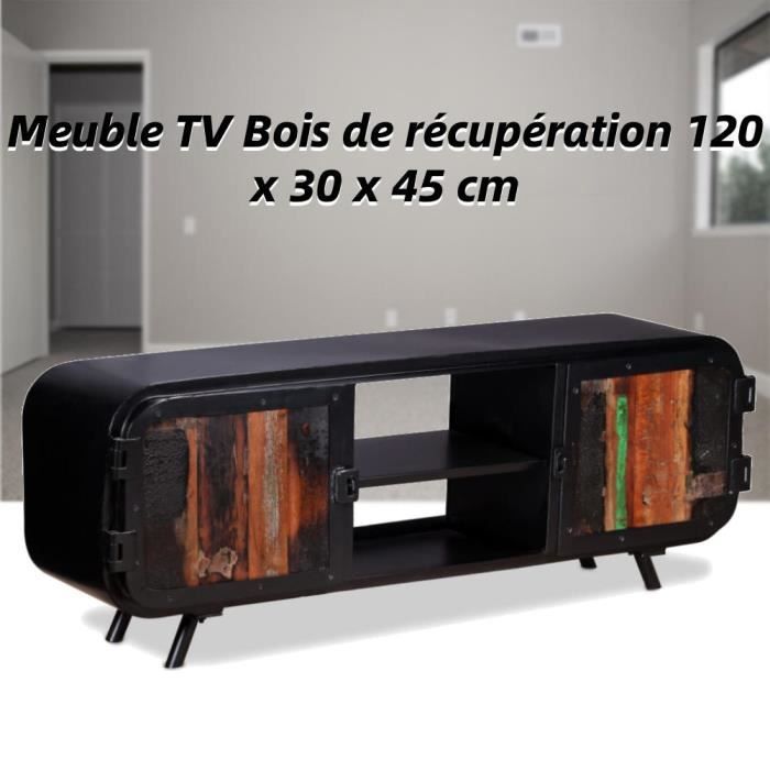 MAG Meuble TV fer et bois de récupération 120 x 30 x 45 cm Noir -PT12