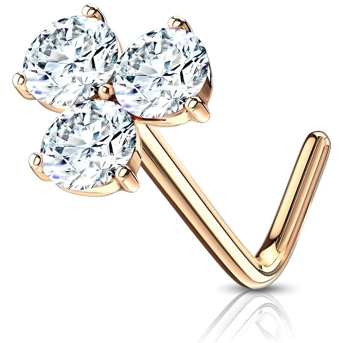 Piercing nez tige en L plaquée or rose trois cristaux blancs