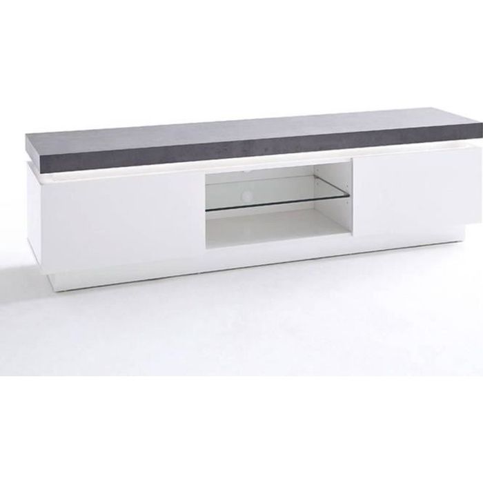 Meuble TV design ATLANTIS laqué blanc mat et béton 2 portes LED blanc inclus blanc bois Inside75