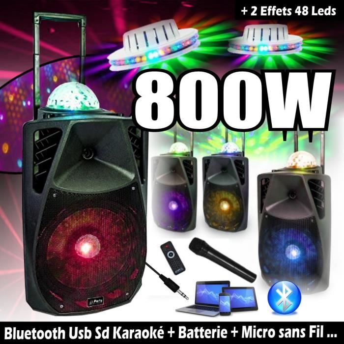 ENCEINTE SONO 800W PORTABLE + USB MP3 SD + BLUETOOTH + RADIO FM + MICRO + 2 JEUX DE LUMIÈRE PA DJ SONO SPORT KARAOKE FITNESS