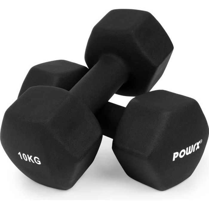 POWRX Haltères hexagone en néoprène (Noir, 2 x 10kg)