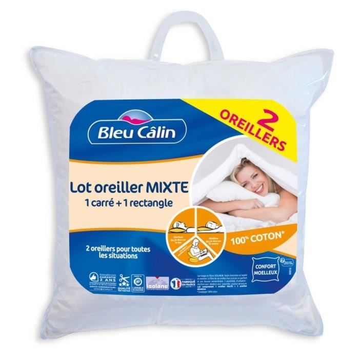 BLEU CALIN Lot de 2 oreillers VOLUME Mixte - 100% Coton - 45x70cm + 60x60cm