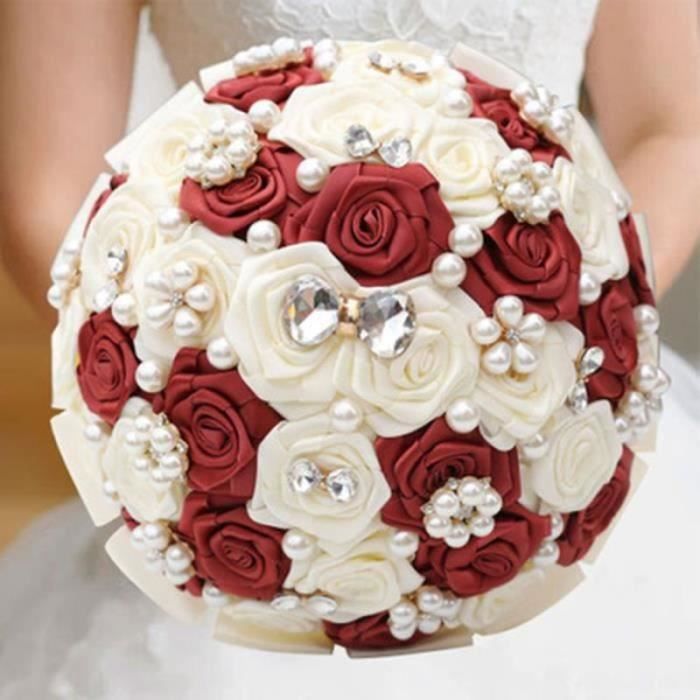 PC43183-(Bronze rouge + lait)21 CM mariage fleurs Simple perle diamant mariée Bouquet ruban Simulation fleur pour décoration de ma