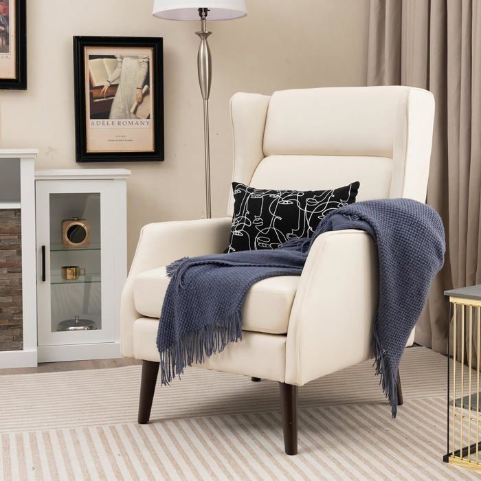 relax4life fauteuil salon en tissu à dossier | coussin amovible | pieds en bois hévéa | canapé 1 place pour chambre/bureau | beige
