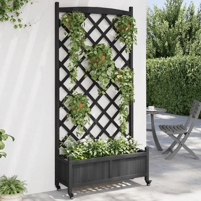 Vidaxl Jardinière avec treillis et roues de sapin Noir - vue 1