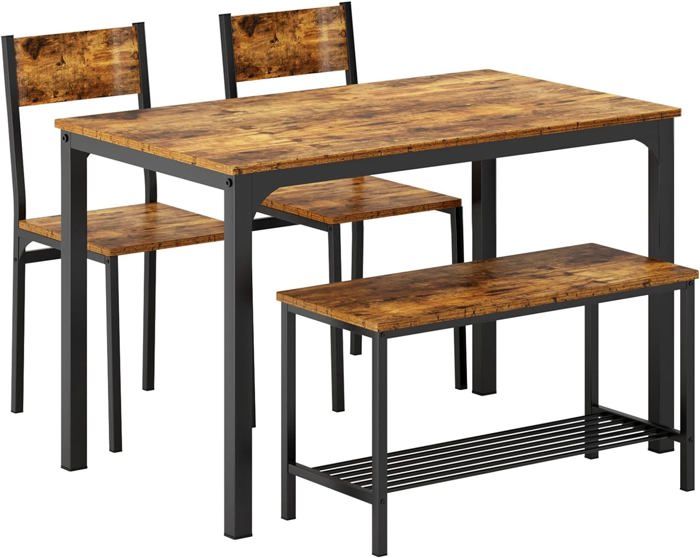 Ensemble Table + 2 Bancs HOMASIS 110x70x75 Cm - Bois Et Acier Style Industriel - Marron - Capacité 95 Kg / 150 Kg - 5