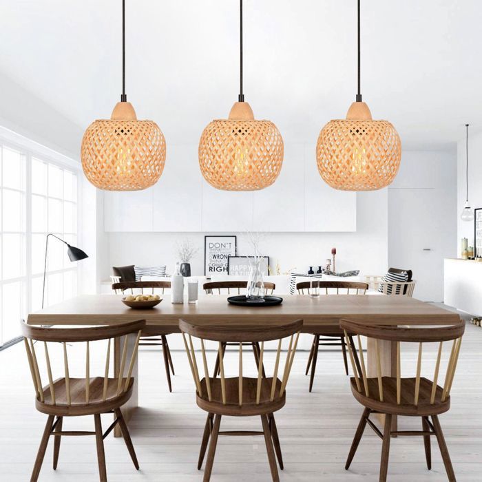 IDEGU Lot de 3 Suspension en Bambou Tissage Lustre Style bohème Abat-jour en bambou Lampe de plafond Vintage pour Salon Chambre