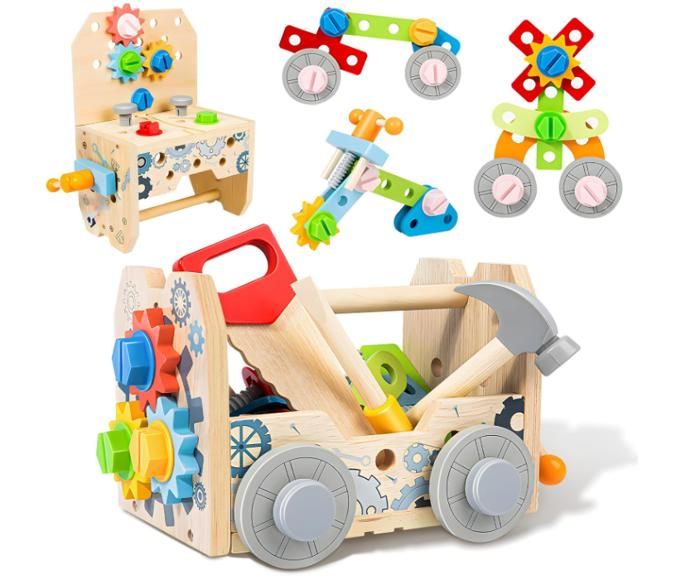 KANCAI Boîte à Outils En Bois Pour Enfant 2-5 Ans - 32 Pièces Jeu D'Imitation Charpentier Éducatif Montessori