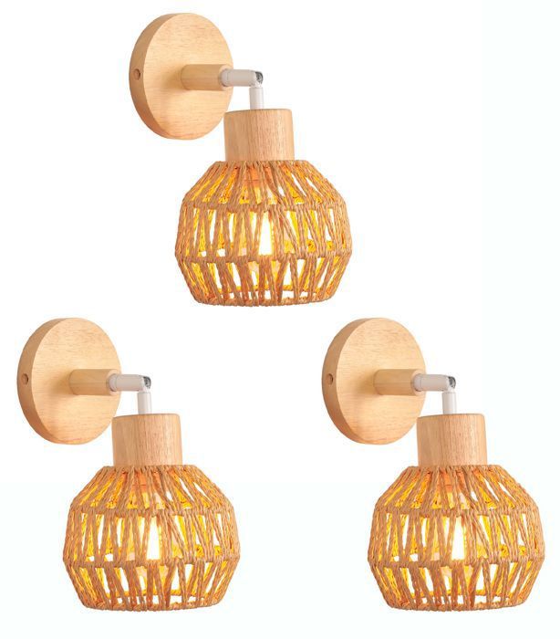 IDEGU 3x Applique Murale Intérieur 15CM Lampe Murale Réglable en Bois et Corde de Chanvre Rétro Luminaire Vintage pour Salon