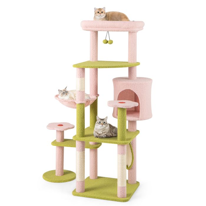 Comparer les prix de GOPLUS Arbre à Chat en Peluche de 148 CM Centre dActivités avec Poteaux à Griffer en Sisal Perchoir Douillet Amovible