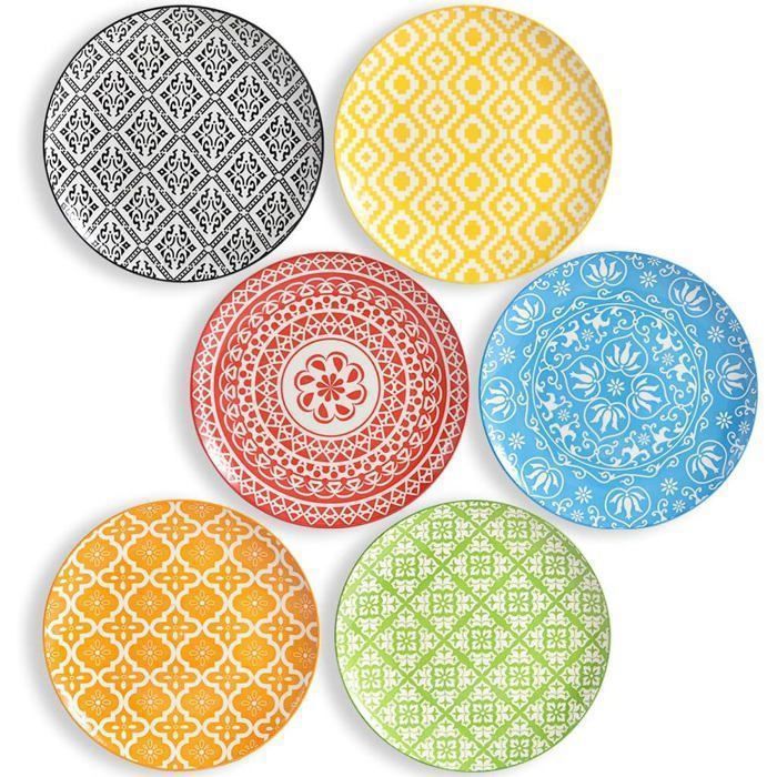 Assiettes Plates Grandes en Céramique - Lot de 6 Assiettes Colorées - Lave-Vaisselle et Micro-Ondes - 25 cm - Multicolore 1