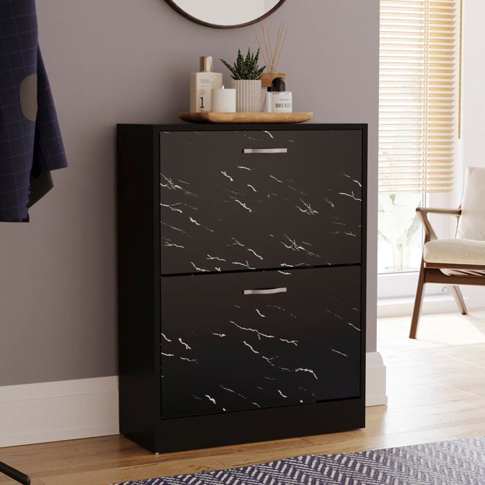 Meuble à chaussures 2 tiroirs – Armoire de rangement pour chaussures meuble d’entrée ou de couloir Marbre noir
